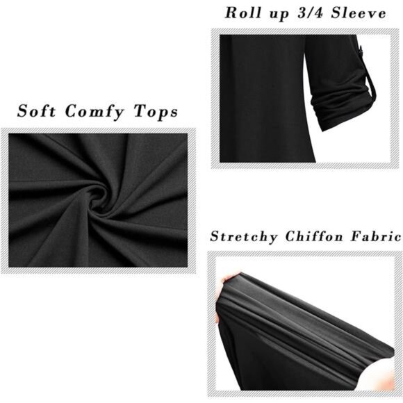 Women's Dressy Casual Tops - 3/4 Sleeve V-Neck Chiffon Work Blouses - Picture 6 of 7